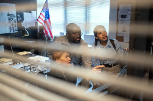 Group of government workers looking at computer